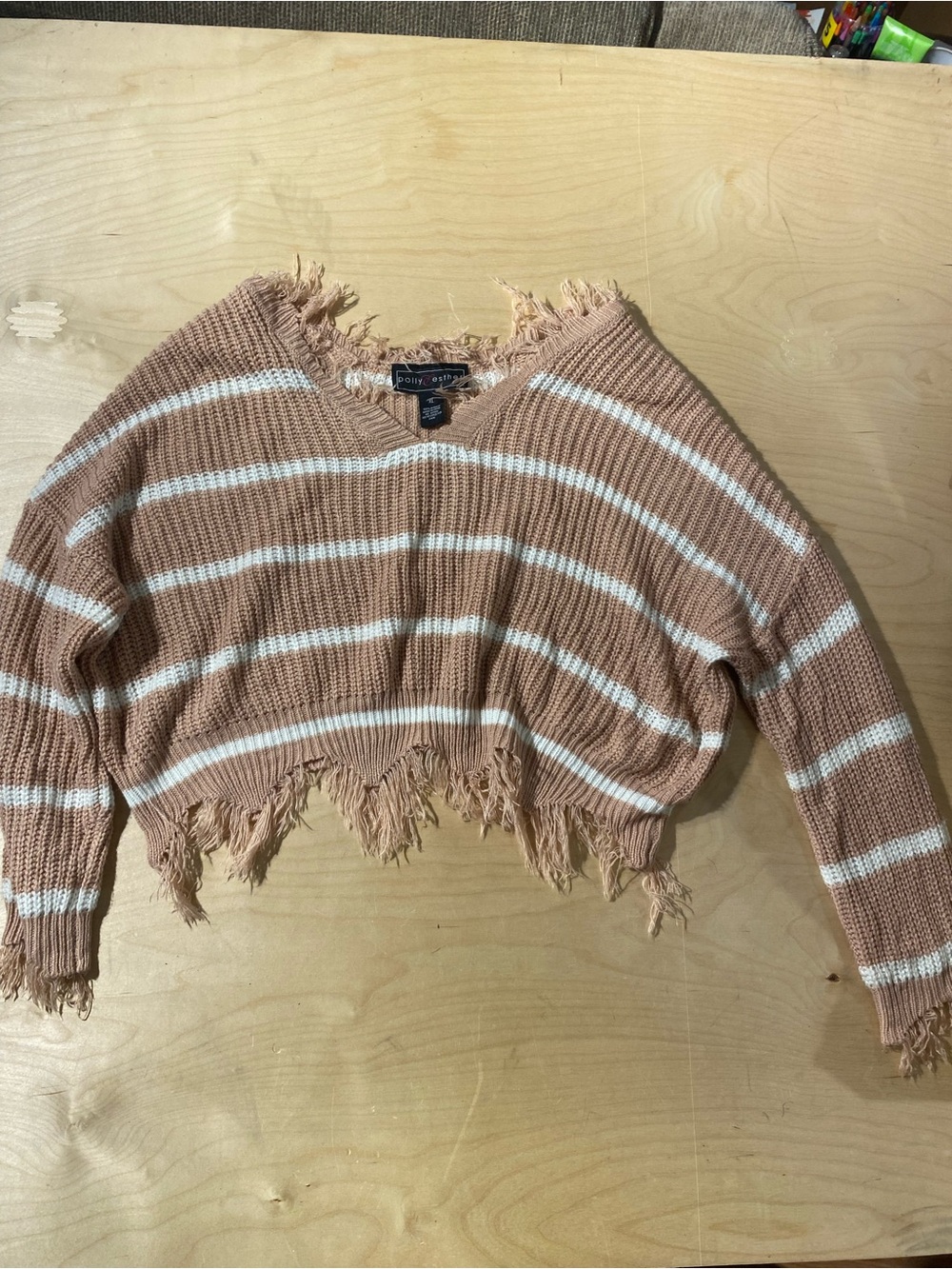 Polly & Esther Blush Stripe Distressed Cropped Sweater XL (AU)